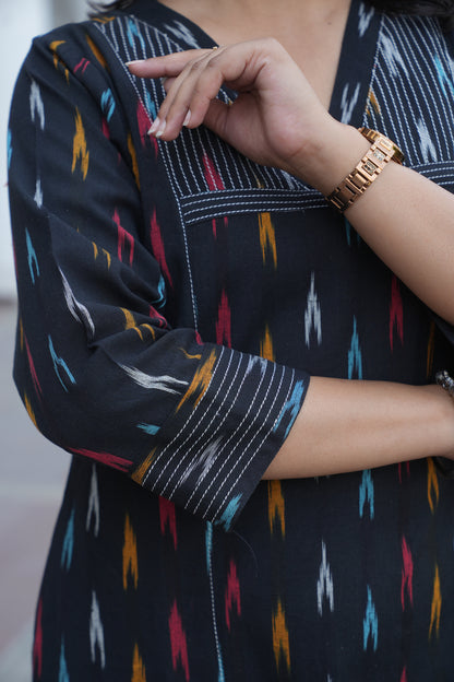 Black Handloom Ikat Cotton Kurta