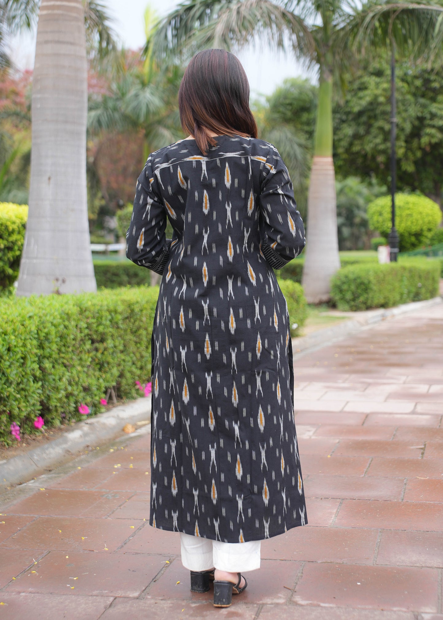 Black Handloom Ikat A-Line Kurta with Round V Neck & Loop Buttons