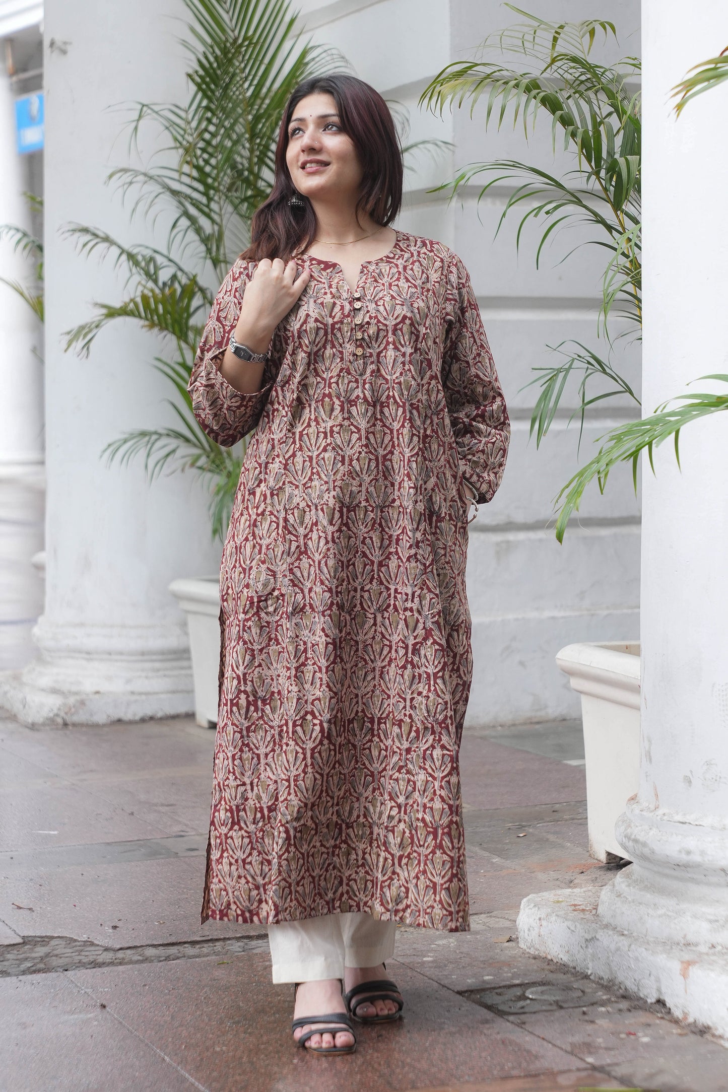 Rust Maroon Handcrafted Kalamkari A-Line Kurta