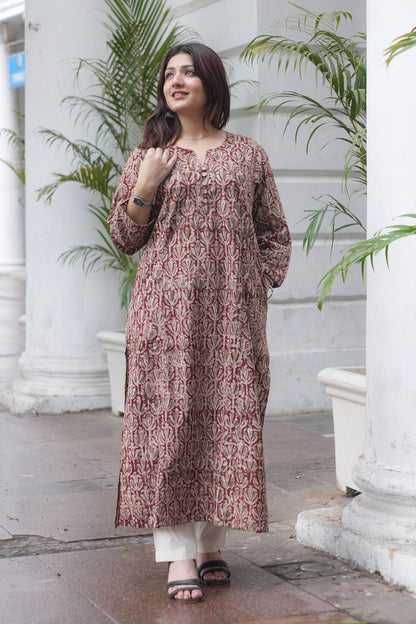Rust Maroon Handcrafted Kalamkari A-Line Kurta