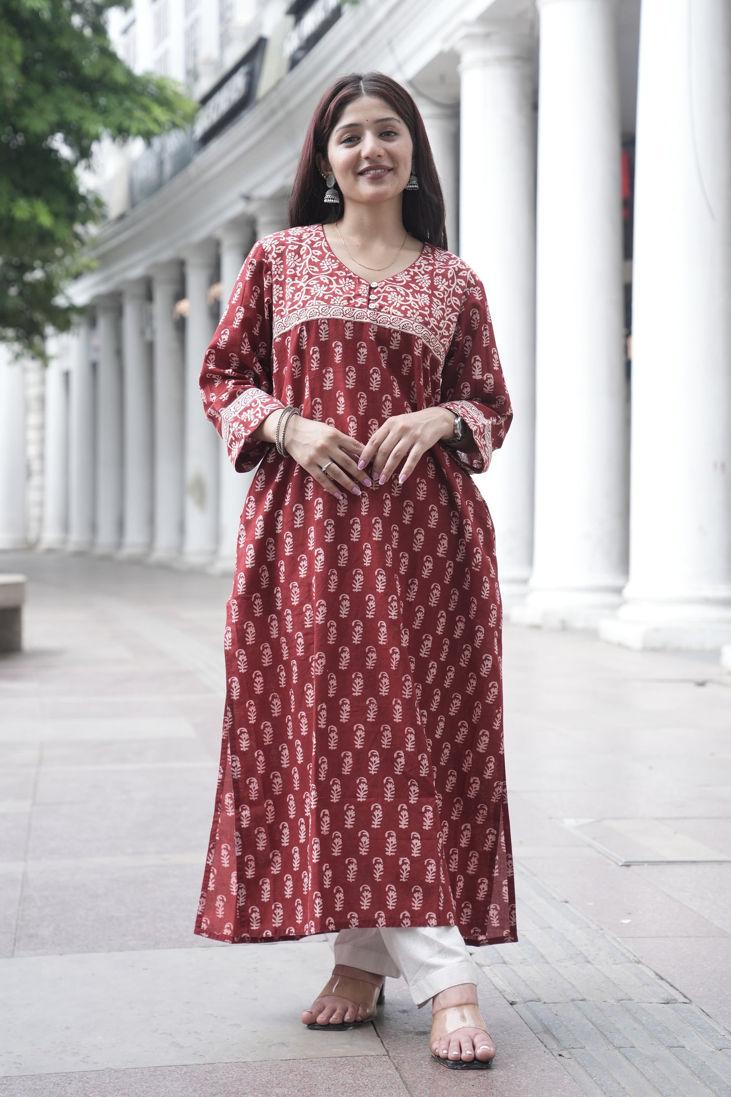 Maroon Bagh Hand Block Printed Straight Cotton Kurta for Women
