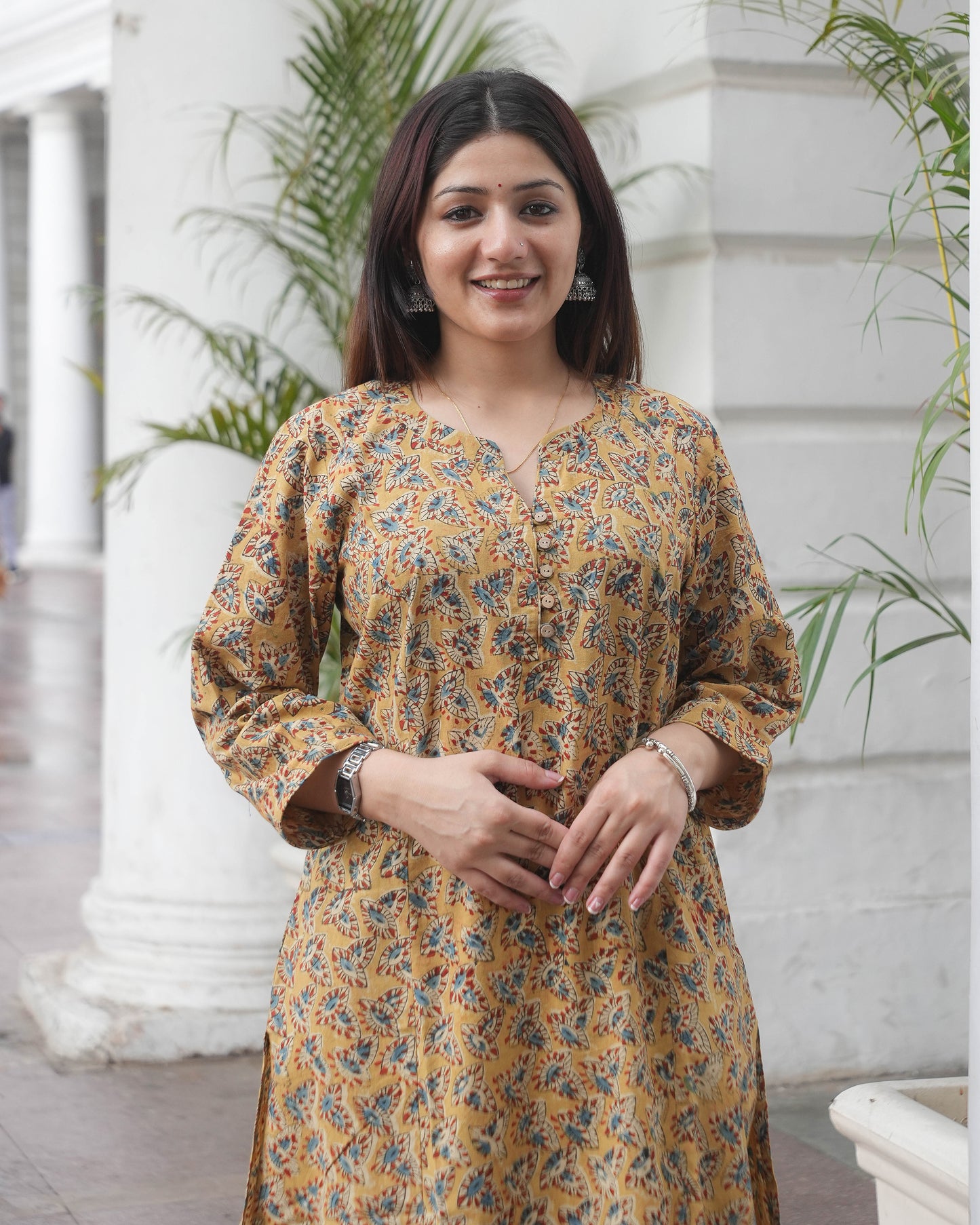 Handblock kalamkari Leaf Print Cotton Kurta  – Mustard Ethnic Everyday Wear