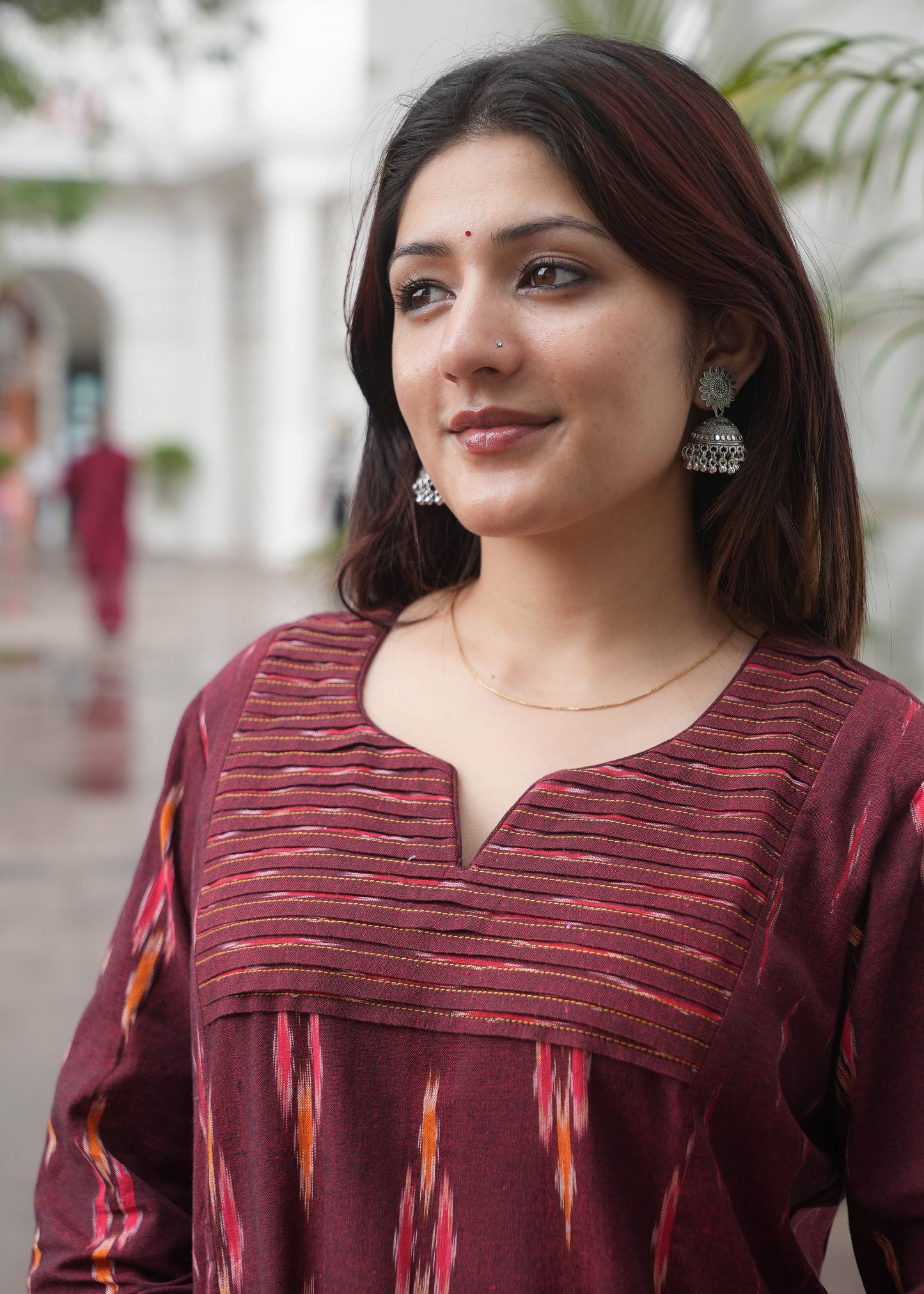 Maroon Handloom Ikat Princess Cut Kurta with Dual Print Design & Side Pockets