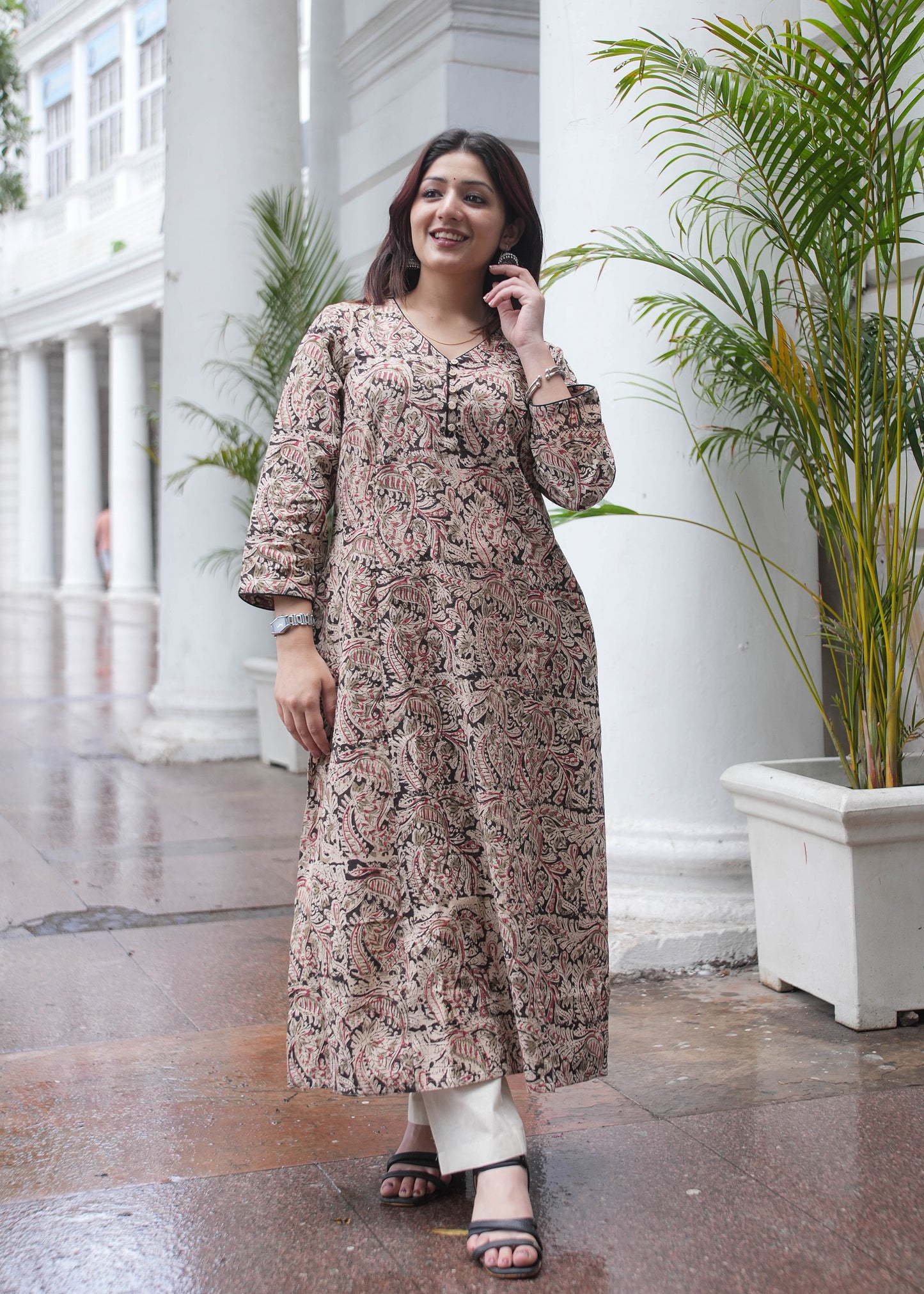 Handblock Kalamkari A-Line Cotton Kurta with Potli Buttons & Black Piping