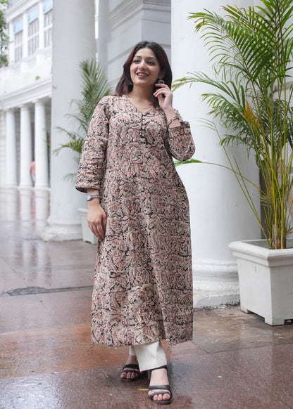 Handblock Kalamkari A-Line Cotton Kurta with Potli Buttons & Black Piping