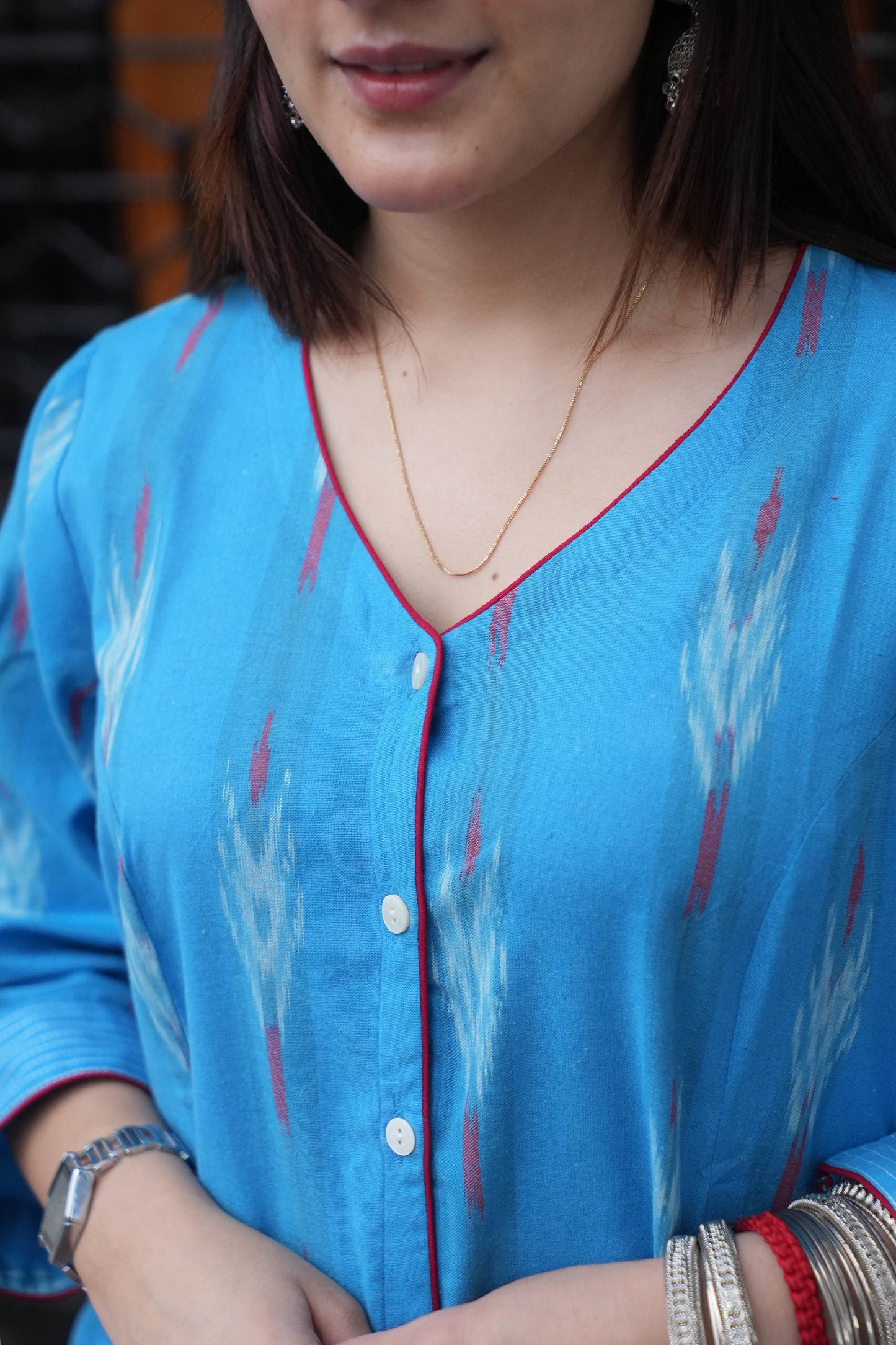 Sky Blue Handloom Ikat Front Open A-Line Kurta