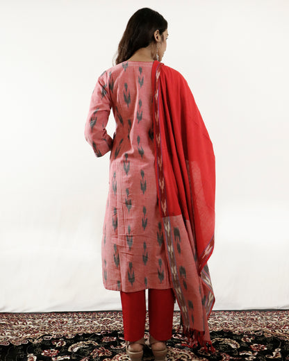 Brick Blossom Ikat Suit Set – Brick kurta with red pant & shaded dupatta (brick-red)