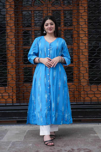 Sky Blue Handloom Ikat Front Open A-Line Kurta