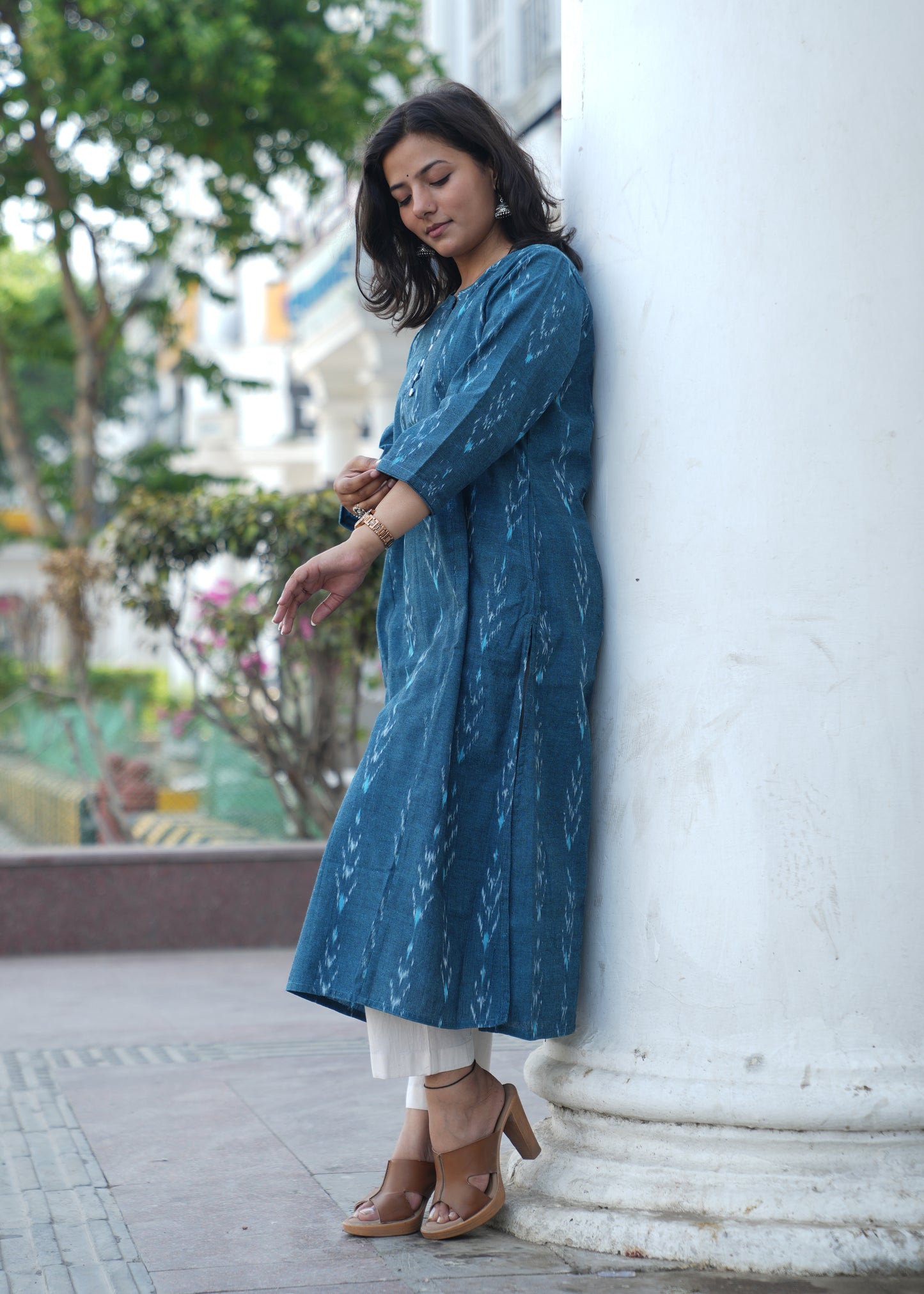 Ocean Blue Handwoven Ikat Cotton Straight Kurta for Women