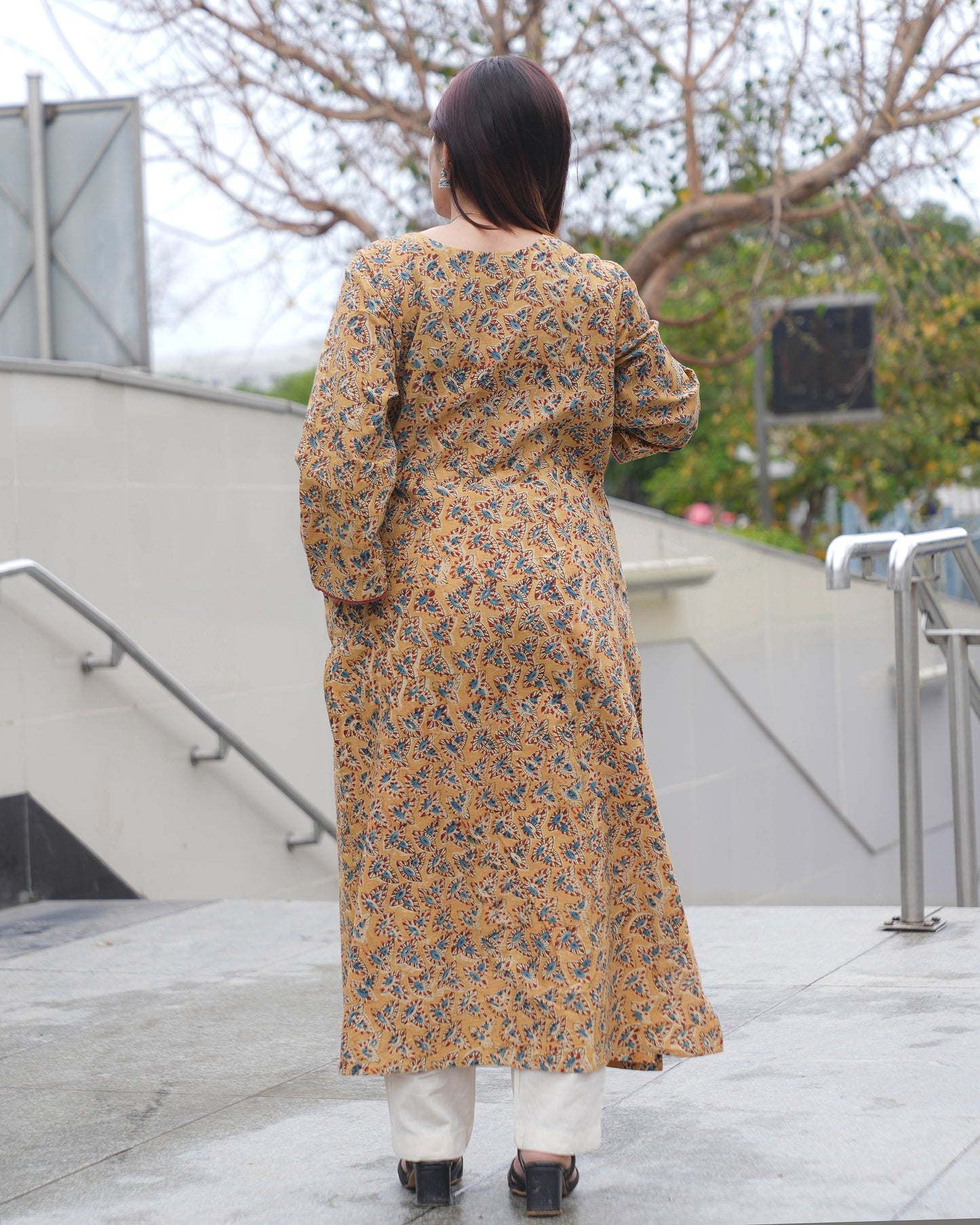 Handblock Kalamkari Mustard Angrakha Kurta