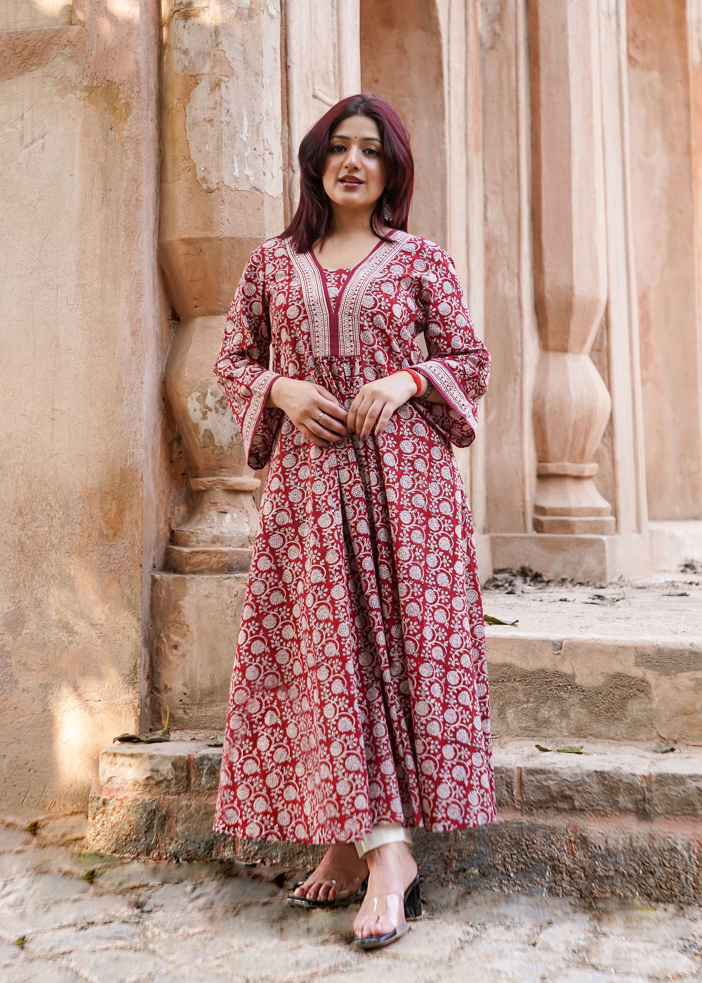 Maroon- Bagh handprinted dress with bell sleeves & pocket both side
