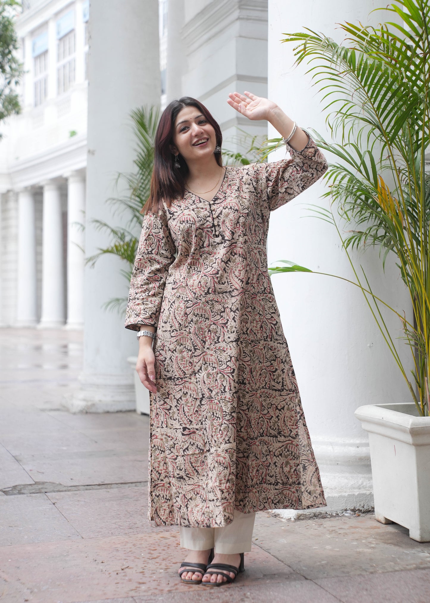 Handblock Kalamkari A-Line Cotton Kurta with Potli Buttons & Black Piping