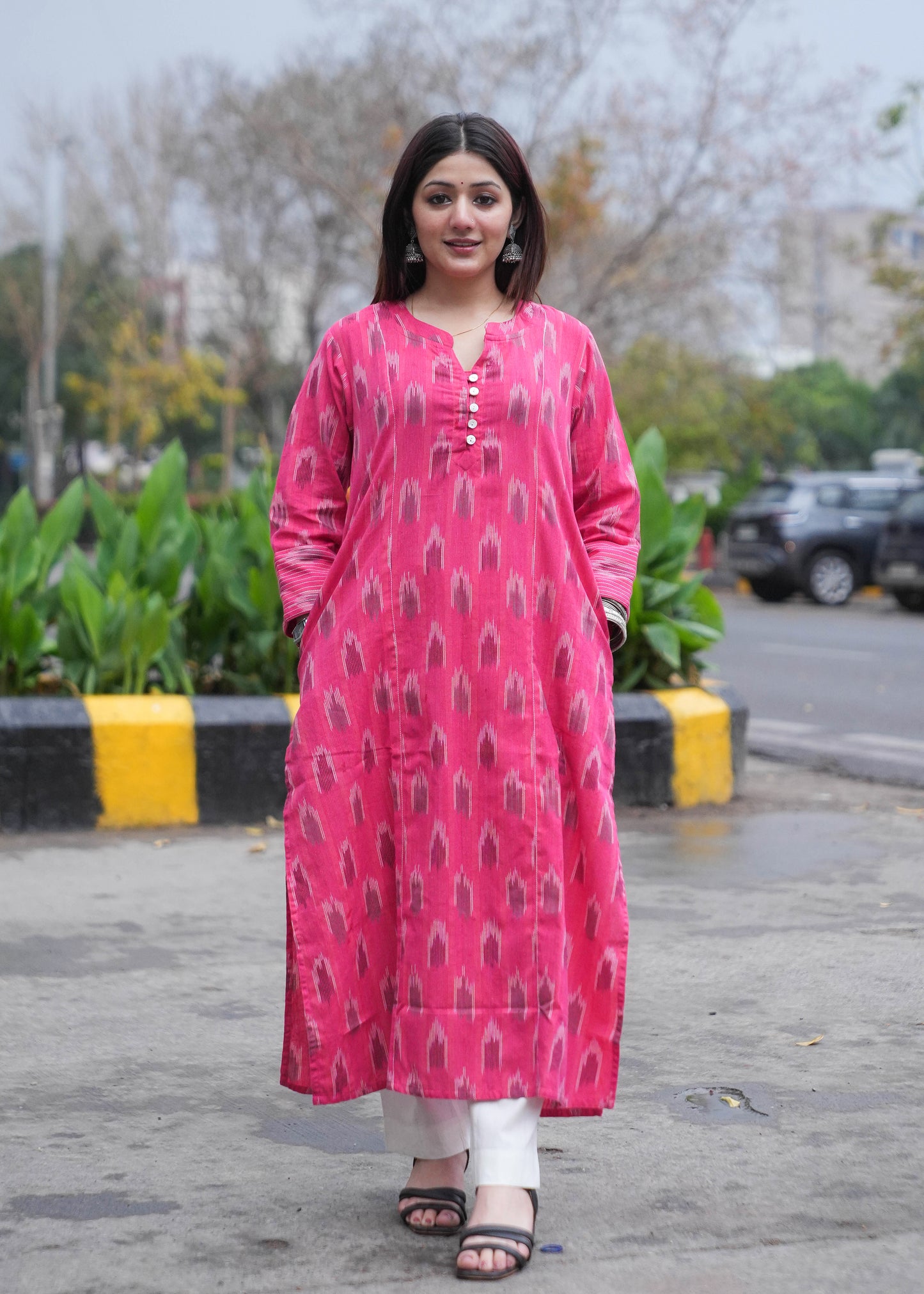 Pink Handwoven Ikat A-Line Kurta with Thread Work & Shell Buttons