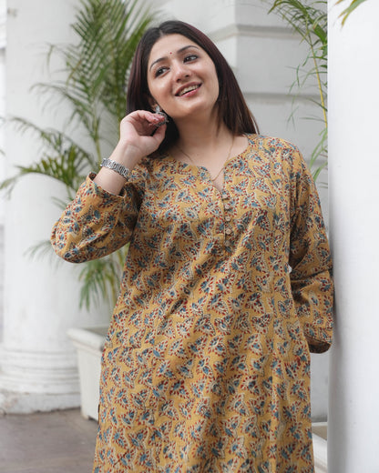Handblock kalamkari Leaf Print Cotton Kurta  – Mustard Ethnic Everyday Wear