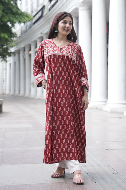 Maroon Bagh Hand Block Printed Straight Cotton Kurta for Women