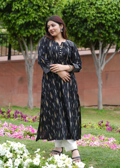 Black Handloom Ikat A-Line Kurta with Round V Neck & Loop Buttons