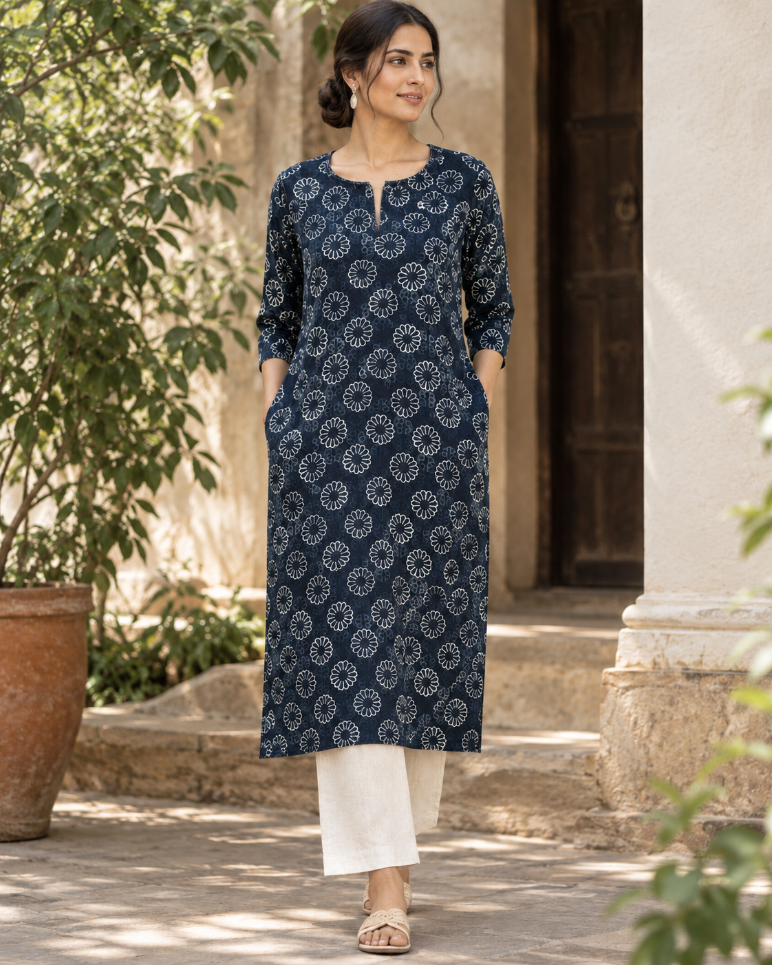 Navy Blue Floral Dabu Hand Block Printed Cotton Straight Kurta