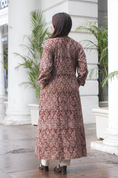 Rust Maroon Handcrafted Kalamkari A-Line Kurta