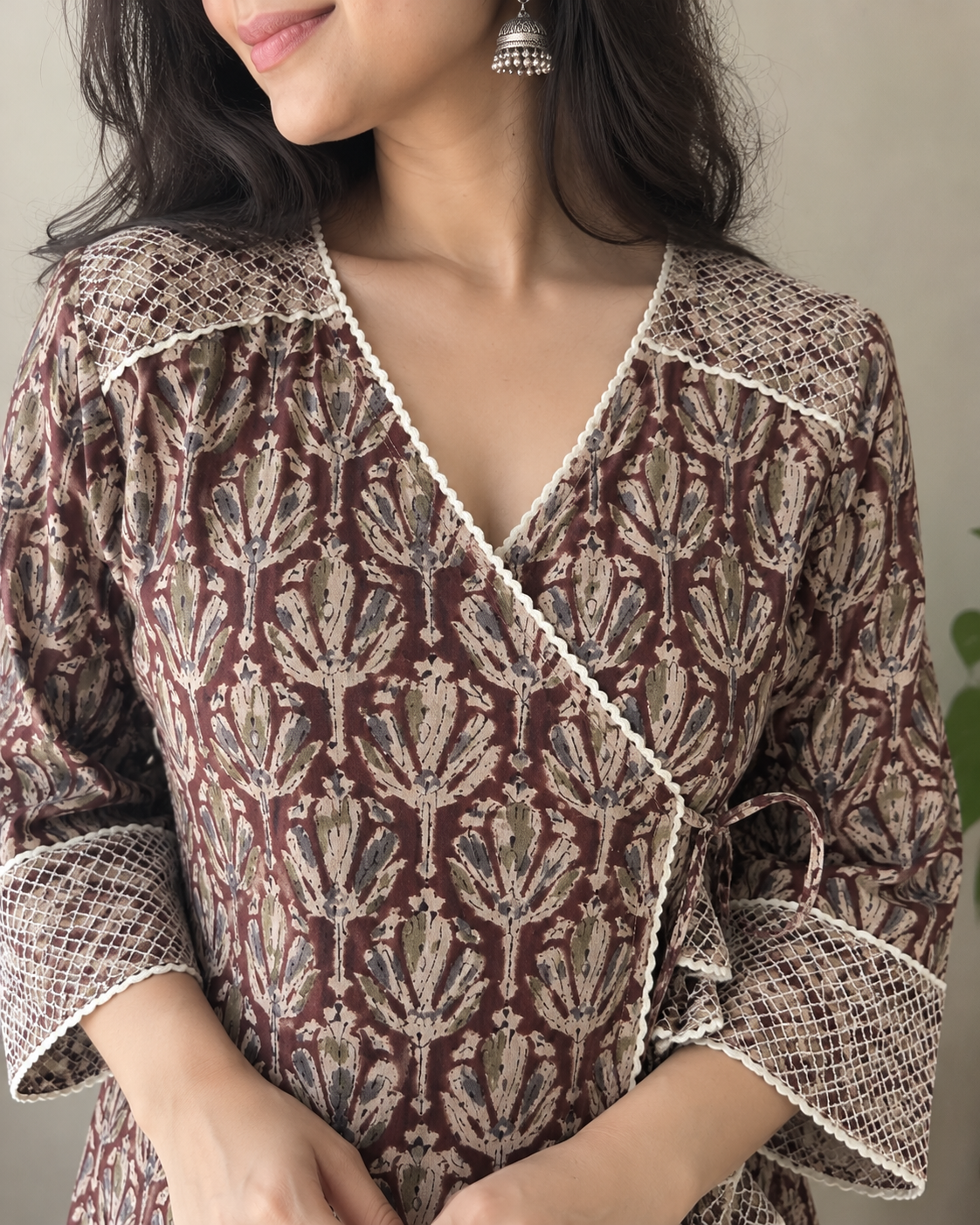 Brown Kalamkari Angrakha Cotton Dress with Crochet Lace & Thread Detailing