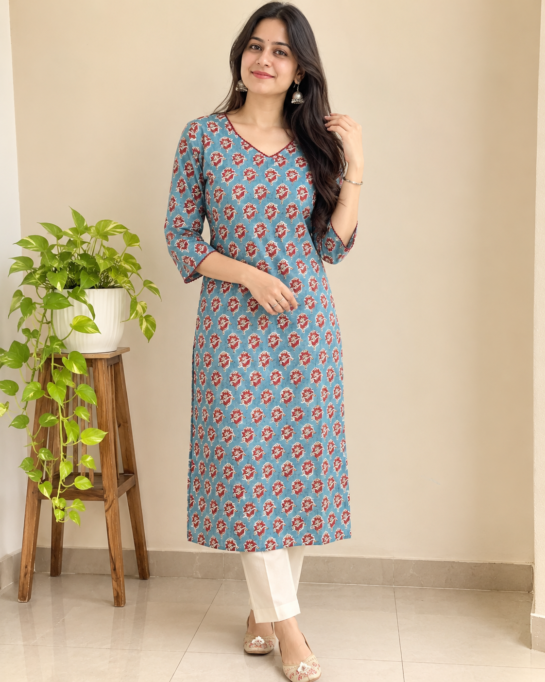 Blue Floral Handprinted Cotton Kurta with V-Neck & Three-Quarter Sleeves
