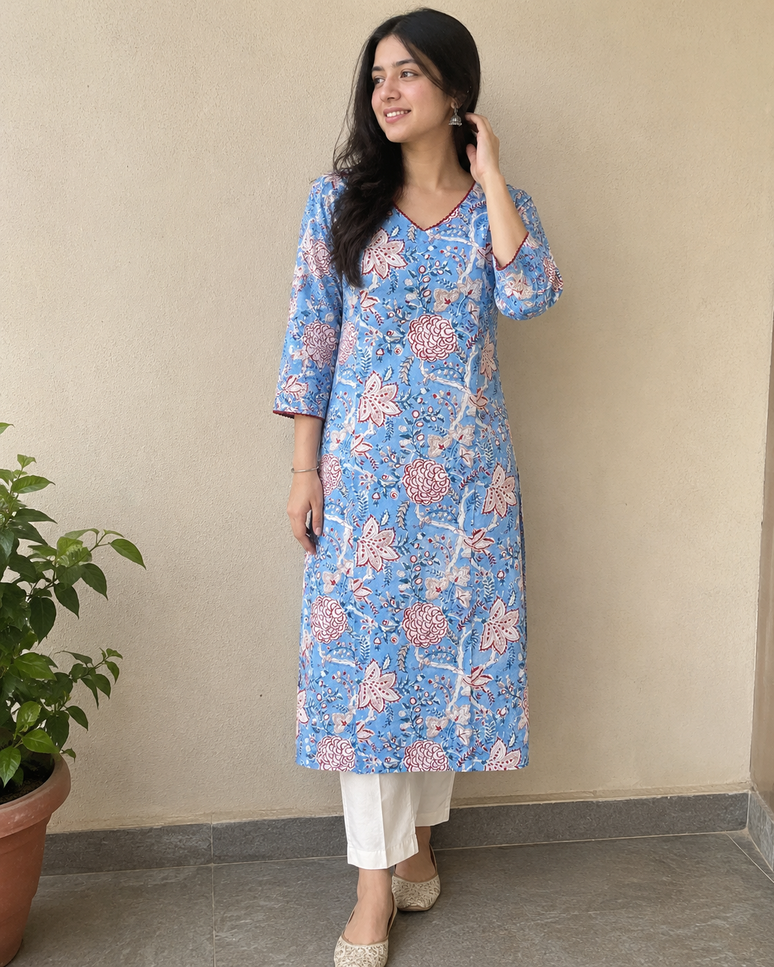 Blue Floral Handblock Printed Cotton Kurta with V-Neck & Side Pockets