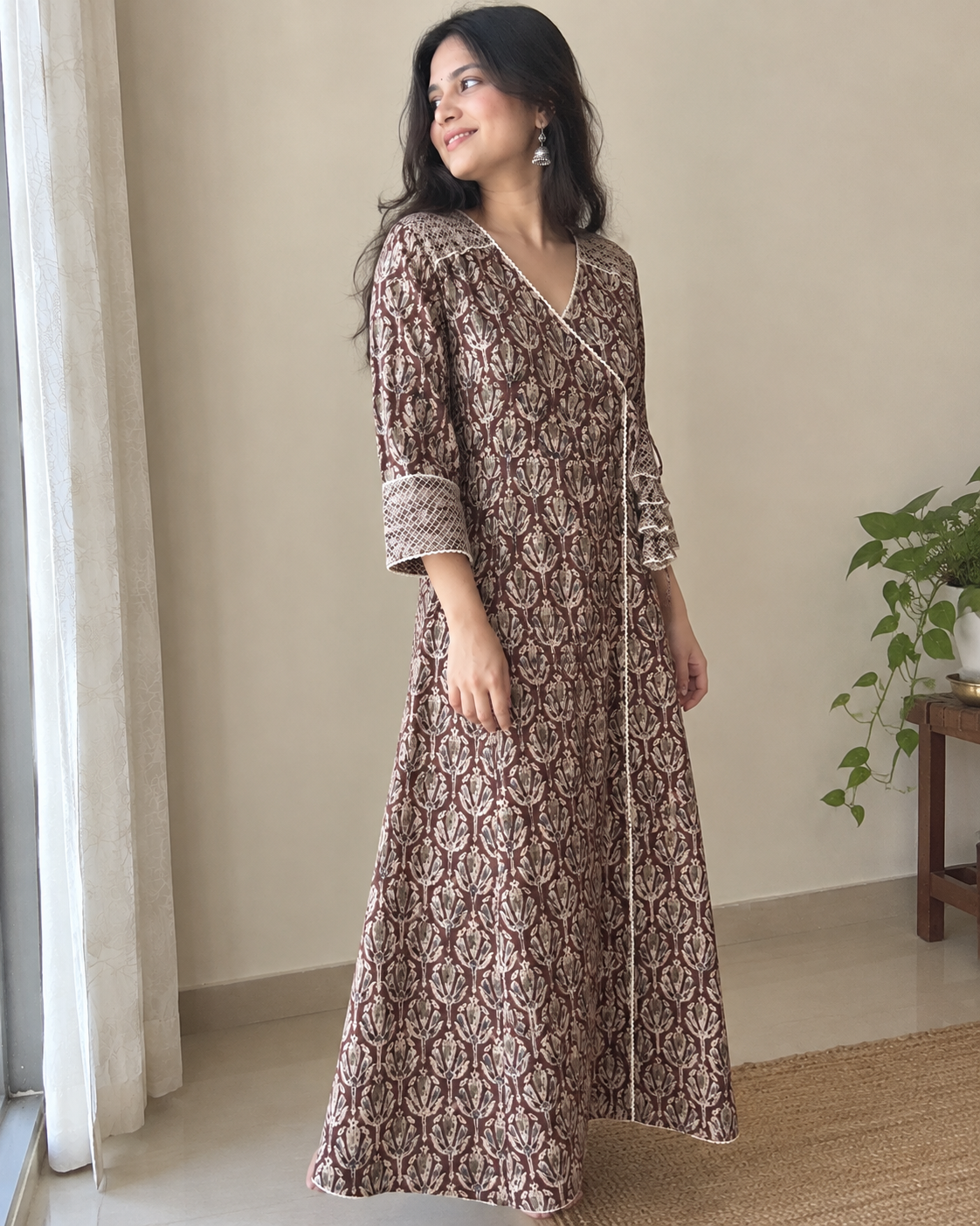Brown Kalamkari Angrakha Cotton Dress with Crochet Lace & Thread Detailing
