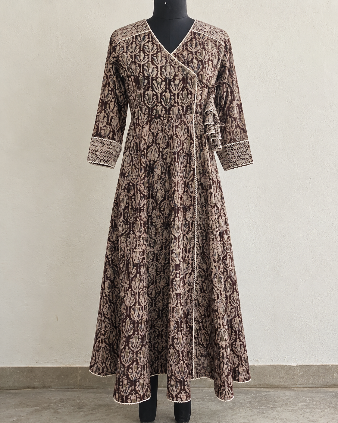 Brown Kalamkari Angrakha Cotton Dress with Crochet Lace & Thread Detailing