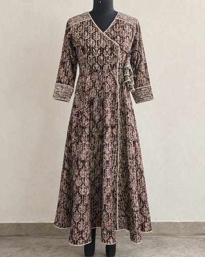 Brown Kalamkari Angrakha Cotton Dress with Crochet Lace & Thread Detailing