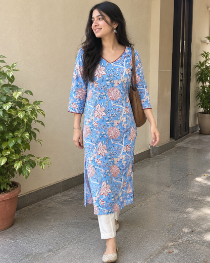 Blue Floral Handblock Printed Cotton Kurta with V-Neck & Side Pockets