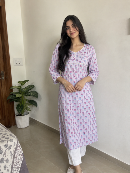 Lilac Handblock Printed Cotton Straight Fit Kurta with Crochet Lace & Side Pockets