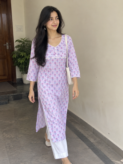 Lilac Handblock Printed Cotton Straight Fit Kurta with Crochet Lace & Side Pockets