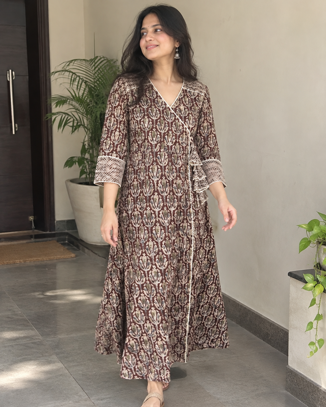 Brown Kalamkari Angrakha Cotton Dress with Crochet Lace & Thread Detailing