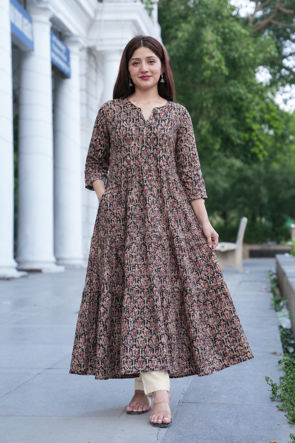 Black Handprinted Kalamkari Cotton Calf-Length Dress