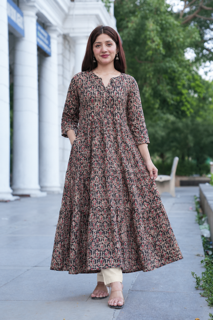 Black Handprinted Kalamkari Cotton Calf-Length Dress
