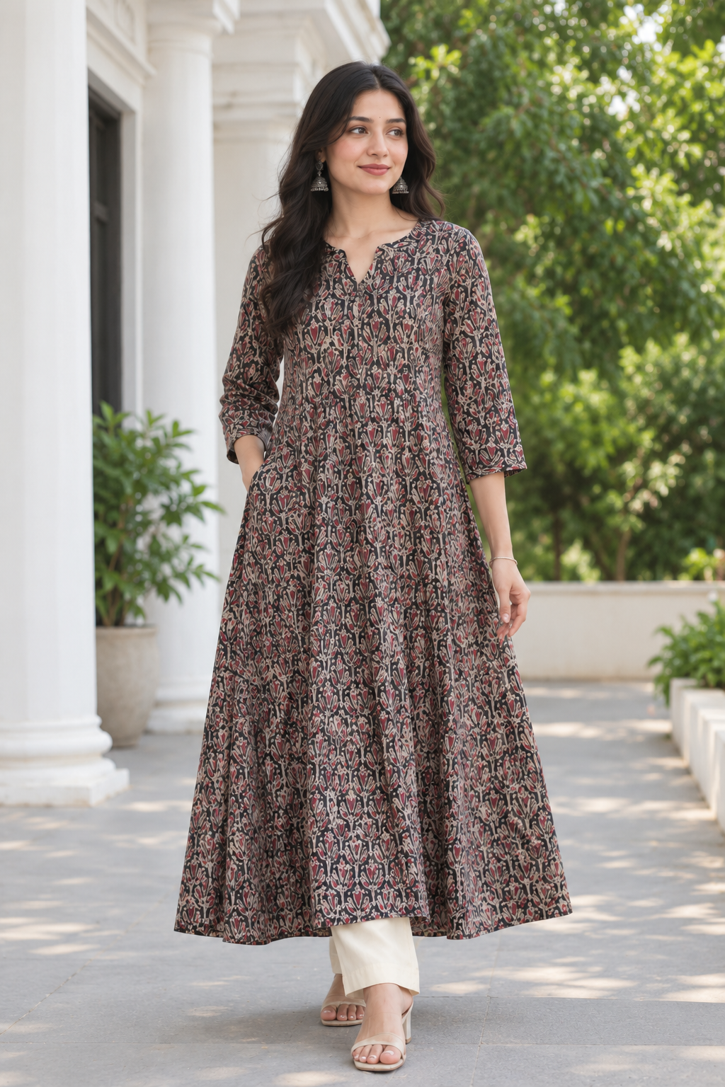 Black Handprinted Kalamkari Cotton Calf-Length Dress