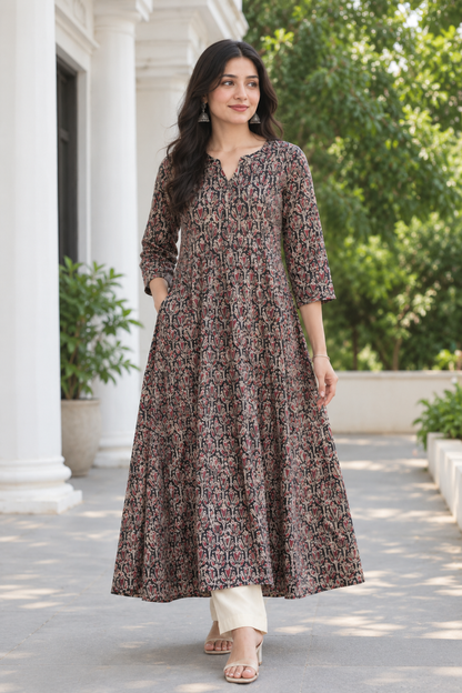 Black Handprinted Kalamkari Cotton Calf-Length Dress