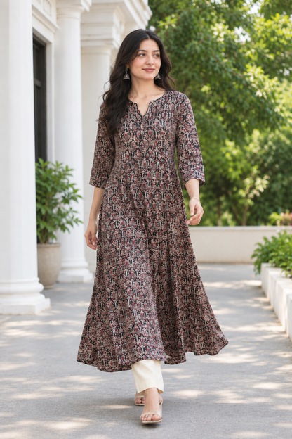 Black Handprinted Kalamkari Cotton Calf-Length Dress