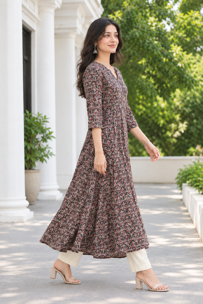 Black Handprinted Kalamkari Cotton Calf-Length Dress