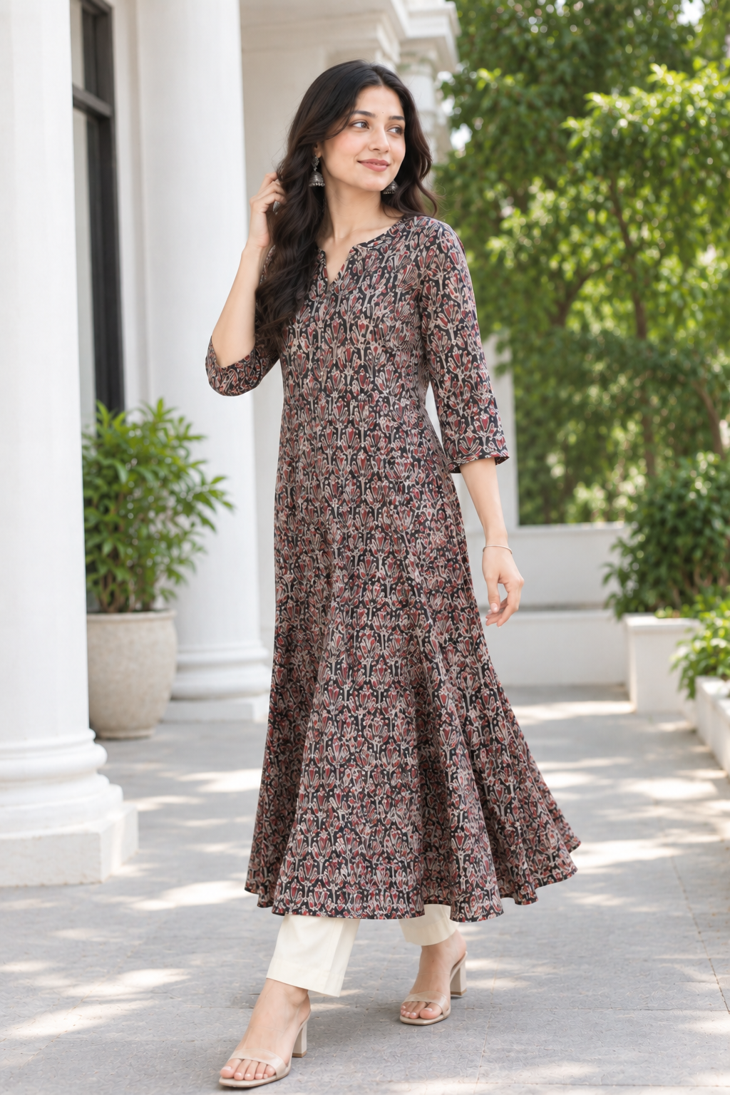 Black Handprinted Kalamkari Cotton Calf-Length Dress