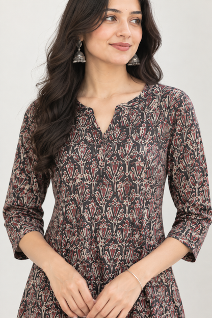 Black Handprinted Kalamkari Cotton Calf-Length Dress