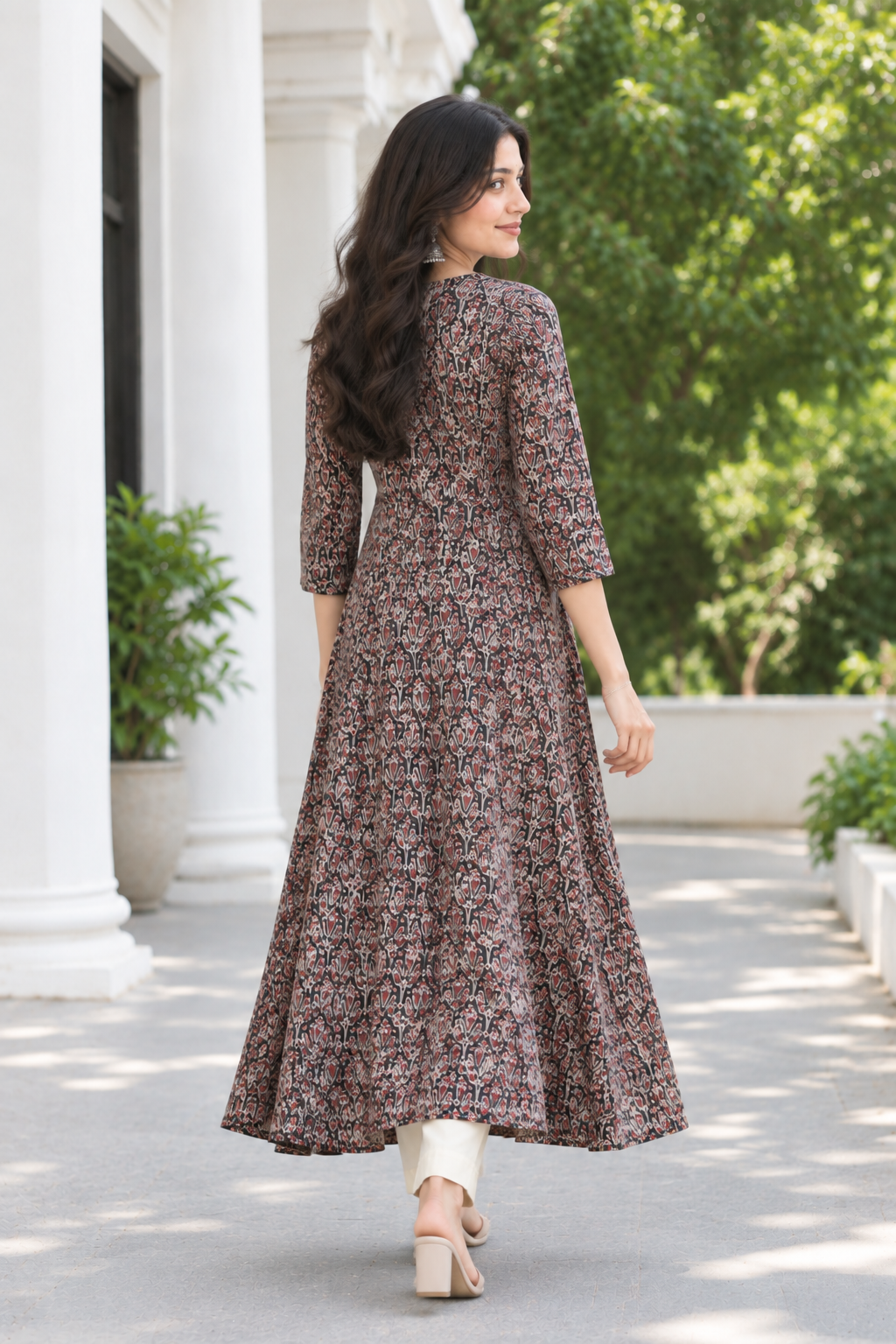 Black Handprinted Kalamkari Cotton Calf-Length Dress