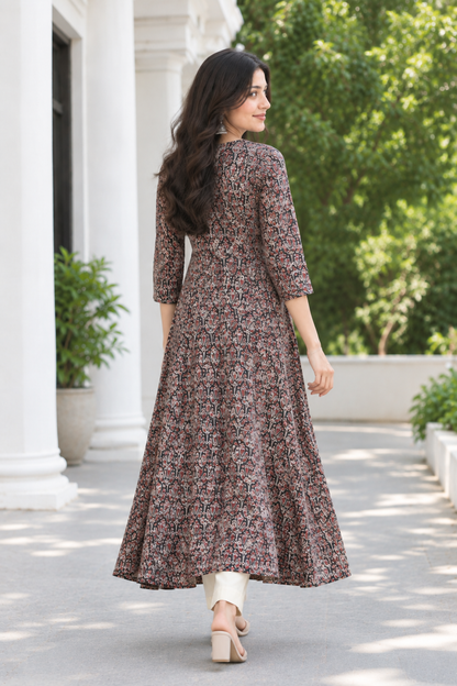 Black Handprinted Kalamkari Cotton Calf-Length Dress