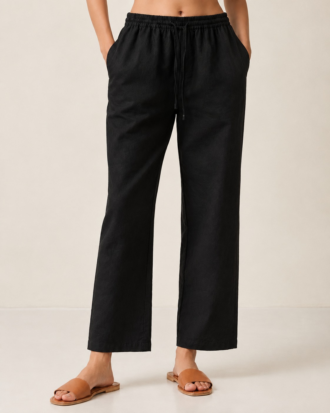 black Cotton Linen Straight Fit Pants with Elastic Waist & Pockets