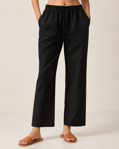 black Cotton Linen Straight Fit Pants with Elastic Waist & Pockets