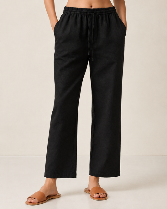 black Cotton Linen Straight Fit Pants with Elastic Waist & Pockets