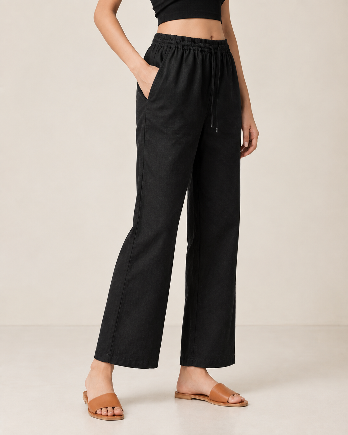 black Cotton Linen Straight Fit Pants with Elastic Waist & Pockets