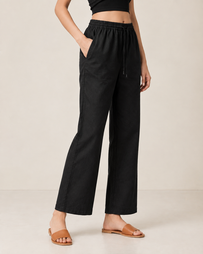 black Cotton Linen Straight Fit Pants with Elastic Waist & Pockets