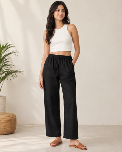 black Cotton Linen Straight Fit Pants with Elastic Waist & Pockets