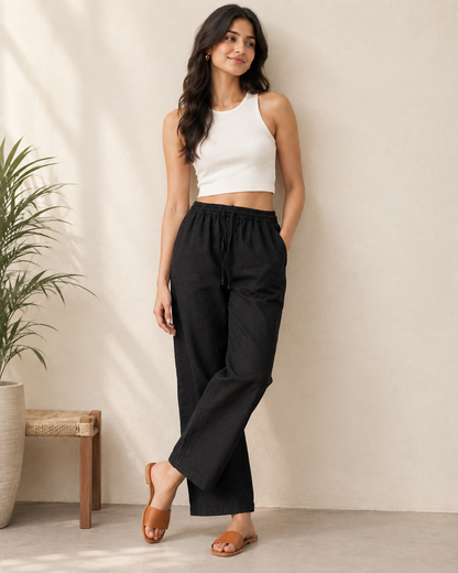 black Cotton Linen Straight Fit Pants with Elastic Waist & Pockets