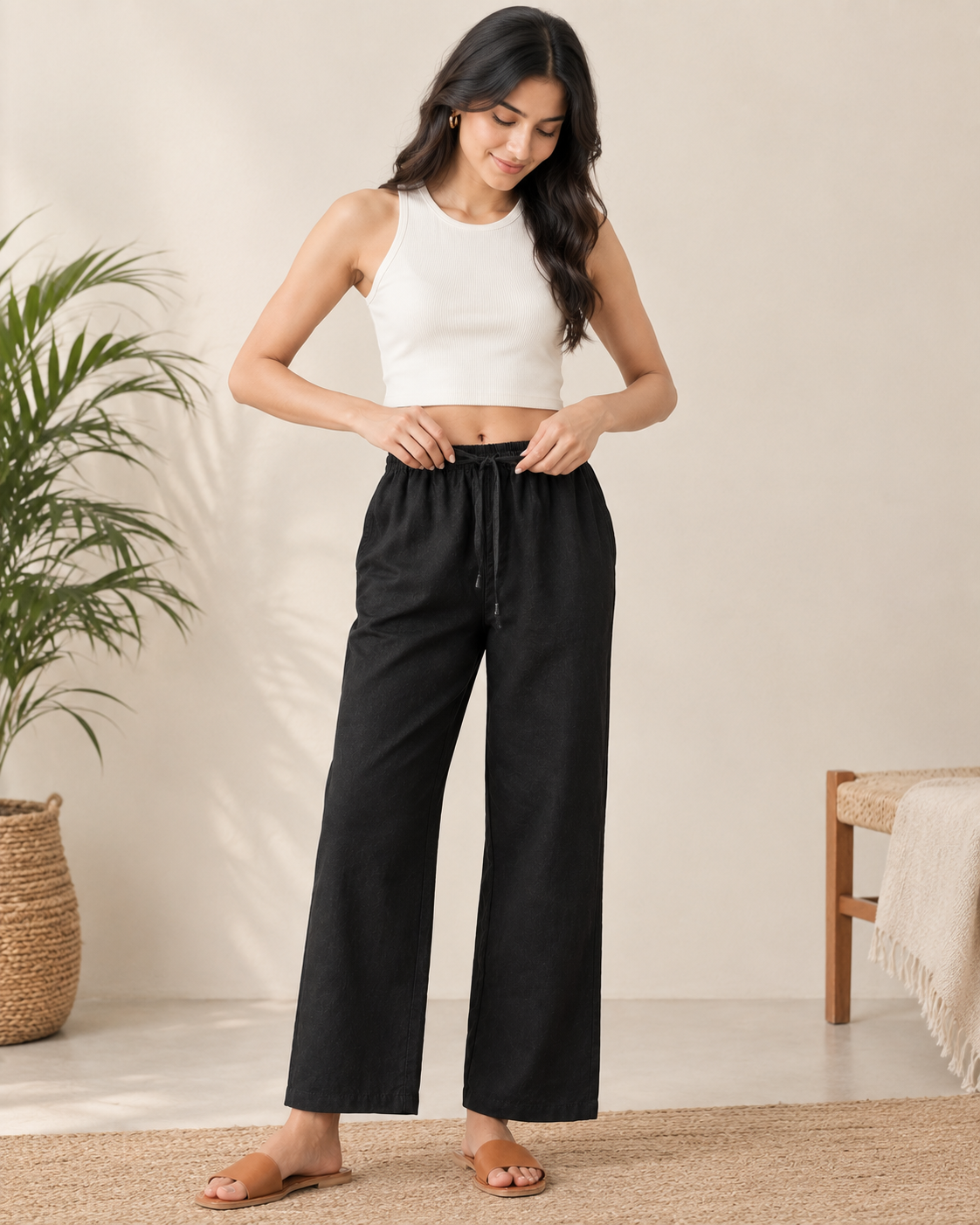 black Cotton Linen Straight Fit Pants with Elastic Waist & Pockets